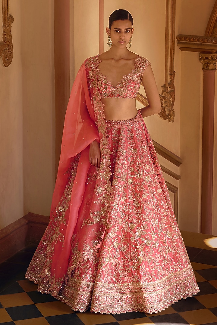 Coral Organza Hand Embroidered Bridal Lehenga Set by Anushree Reddy at Pernia's Pop Up Shop