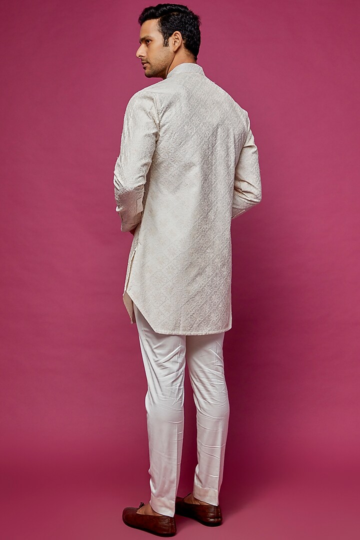 White Chanderi Silk Embroidered & Printed Kurta Set by ARJAN DUGAL at Pernia's Pop Up Shop