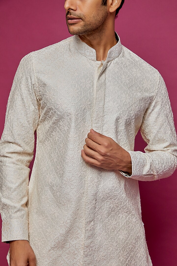 White Chanderi Silk Embroidered & Printed Kurta Set by ARJAN DUGAL at Pernia's Pop Up Shop