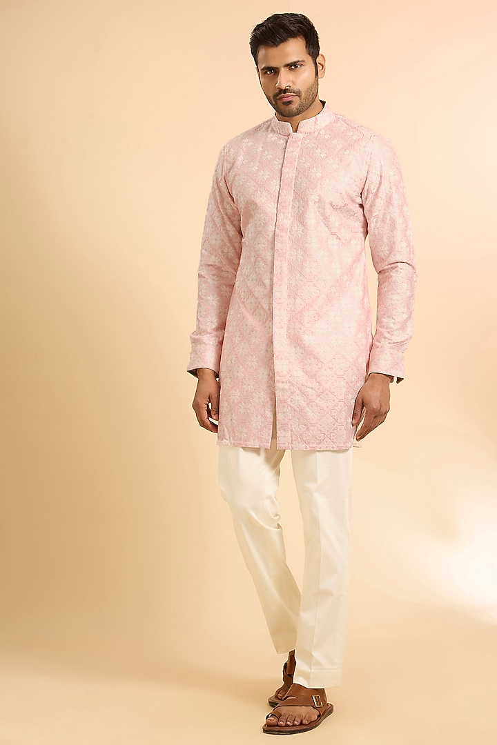 Baby Pink Chanderi Silk Embroidered Kurta Set by ARJAN DUGAL at Pernia's Pop Up Shop