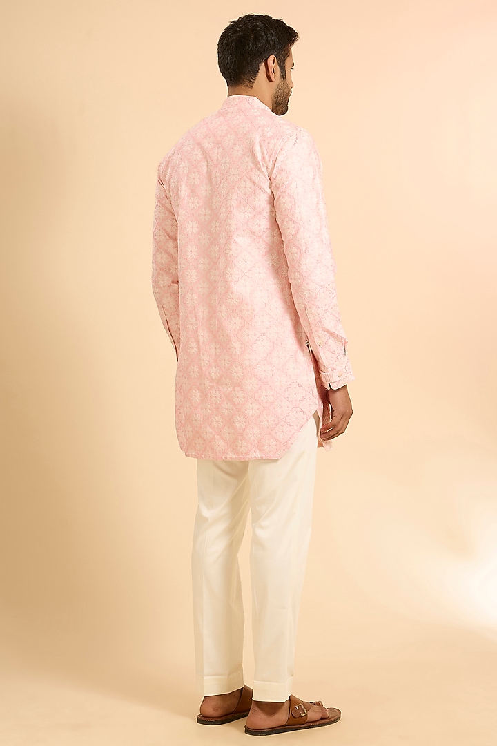 Baby Pink Chanderi Silk Embroidered Kurta Set by ARJAN DUGAL at Pernia's Pop Up Shop