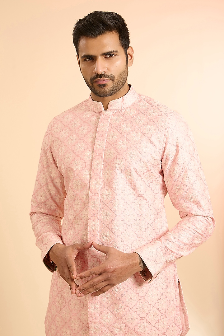 Baby Pink Chanderi Silk Embroidered Kurta Set by ARJAN DUGAL at Pernia's Pop Up Shop