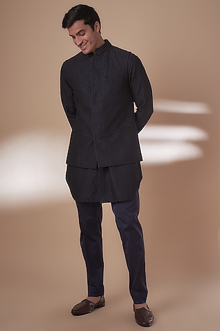 Navy Blue Chanderi Nehru Jacket Set by ARJAN DUGAL