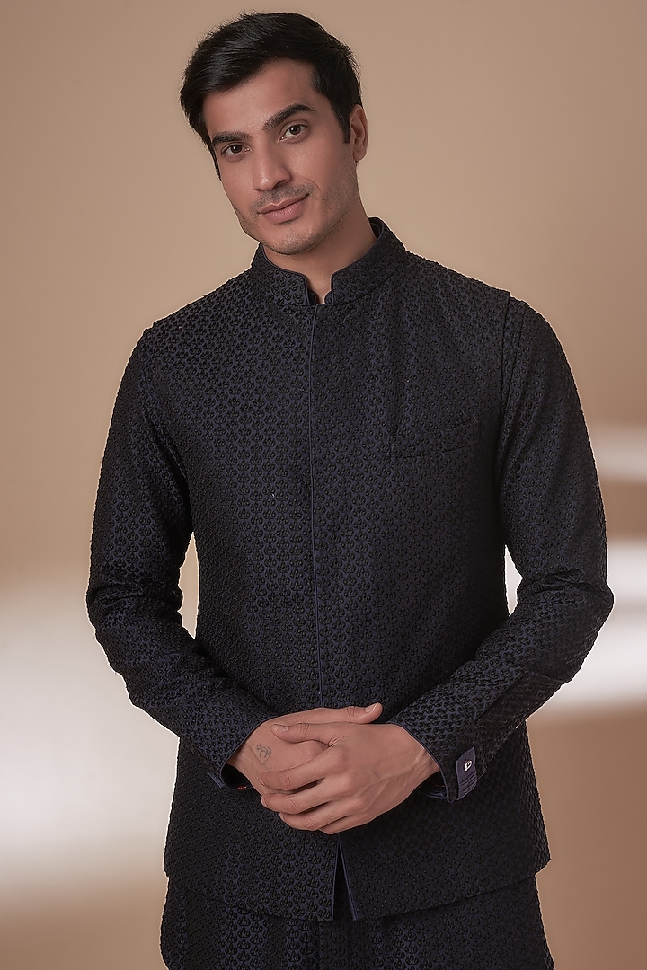Navy Blue Chanderi Nehru Jacket Set by ARJAN DUGAL at Pernia's Pop Up Shop