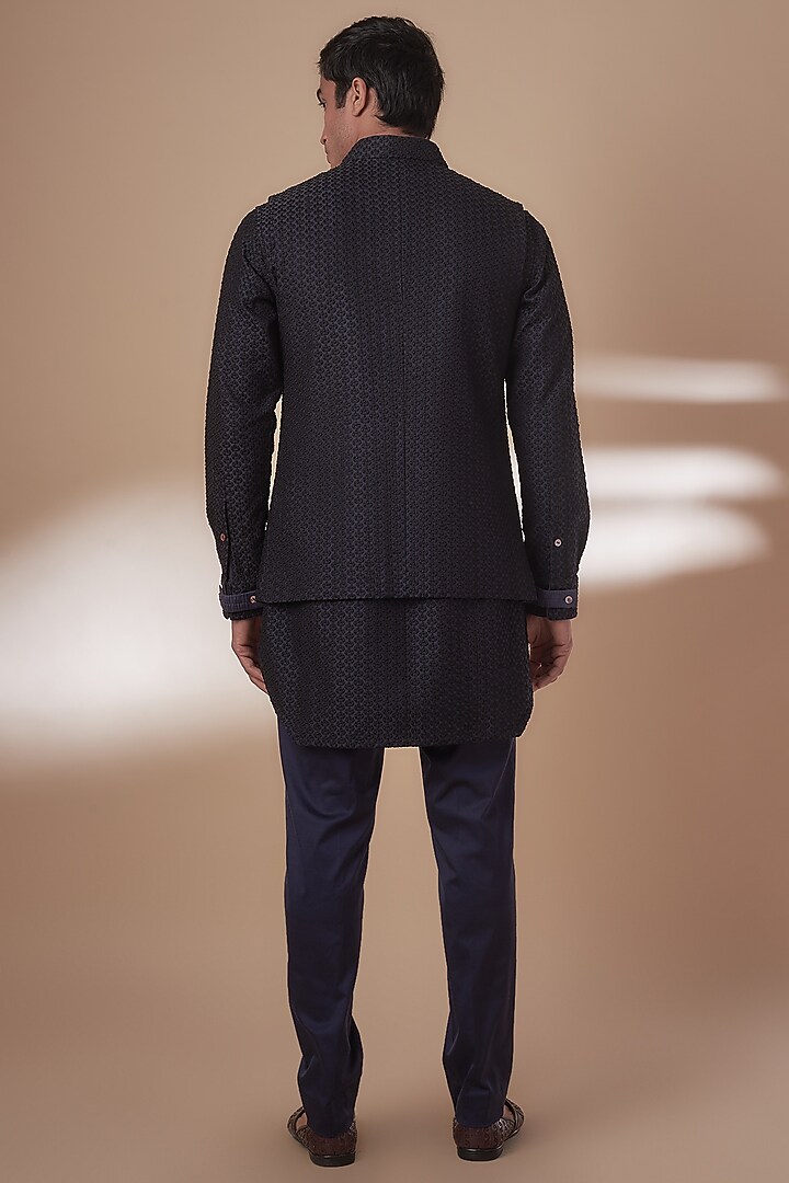 Navy Blue Chanderi Nehru Jacket Set by ARJAN DUGAL at Pernia's Pop Up Shop