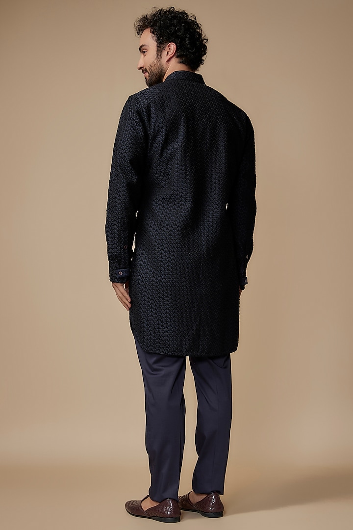 Navy Blue Chanderi Silk Thread Embroidered Kurta Set by ARJAN DUGAL at Pernia's Pop Up Shop