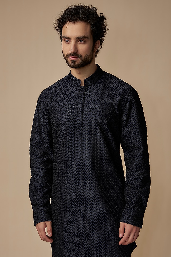 Navy Blue Chanderi Silk Thread Embroidered Kurta Set by ARJAN DUGAL at Pernia's Pop Up Shop