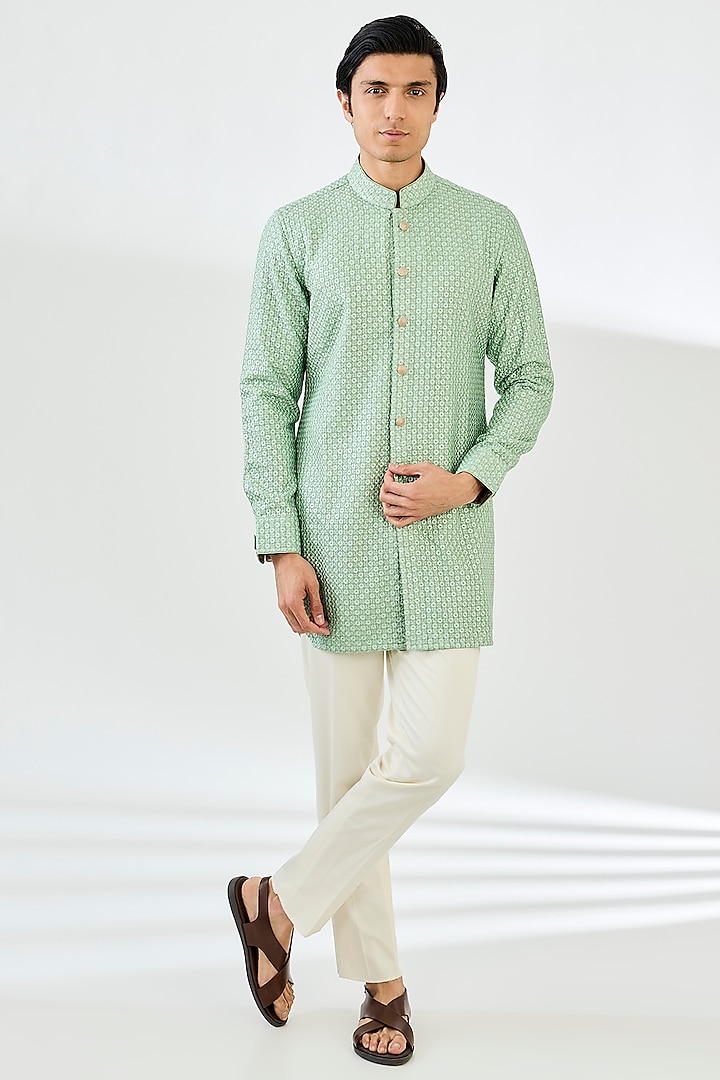Sage Green Chanderi Silk Embroidered Kurta Set by ARJAN DUGAL at Pernia's Pop Up Shop