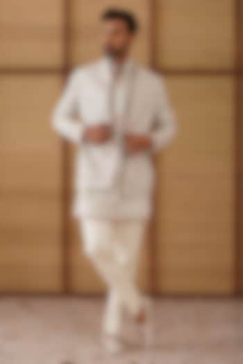 Light Grey Organza & Moga Silk Dori Embroidered Groom Bandhgala Set by ARJAN DUGAL at Pernia's Pop Up Shop