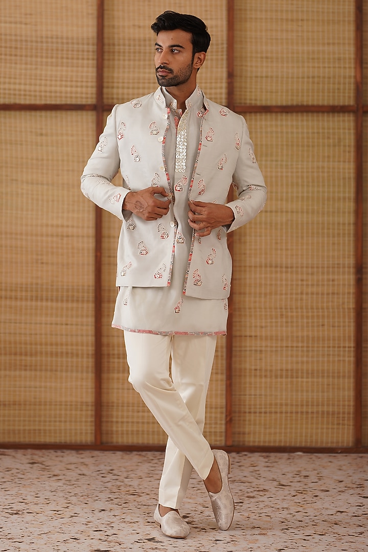 Light Grey Organza & Moga Silk Dori Embroidered Groom Bandhgala Set by ARJAN DUGAL at Pernia's Pop Up Shop