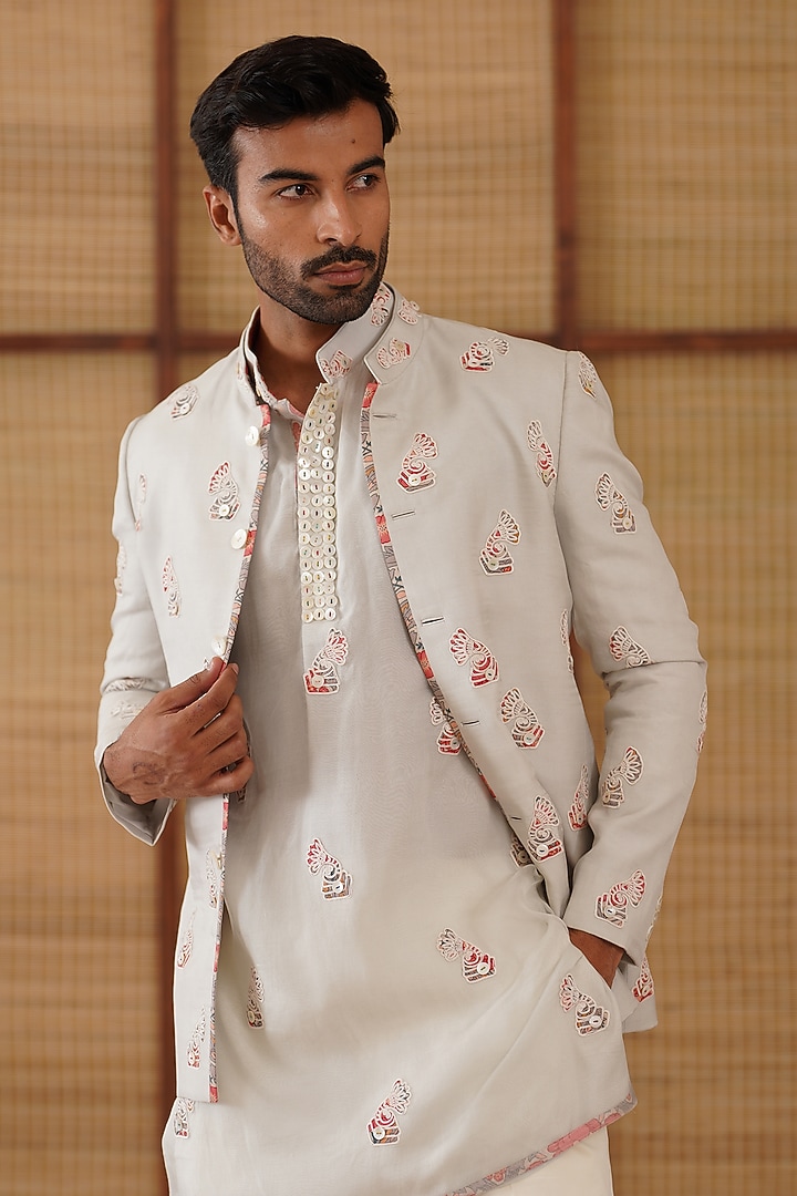 Light Grey Organza & Moga Silk Dori Embroidered Groom Bandhgala Set by ARJAN DUGAL at Pernia's Pop Up Shop
