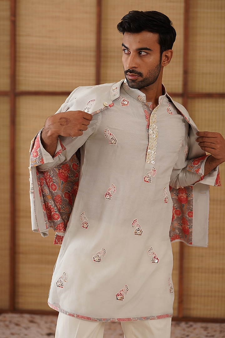 Light Grey Organza & Moga Silk Dori Embroidered Groom Bandhgala Set by ARJAN DUGAL at Pernia's Pop Up Shop