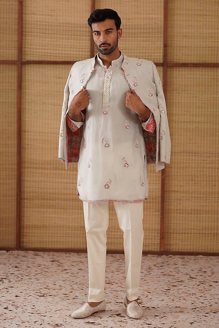 Light Grey Organza & Moga Silk Dori Embroidered Groom Bandhgala Set by ARJAN DUGAL at Pernia's Pop Up Shop