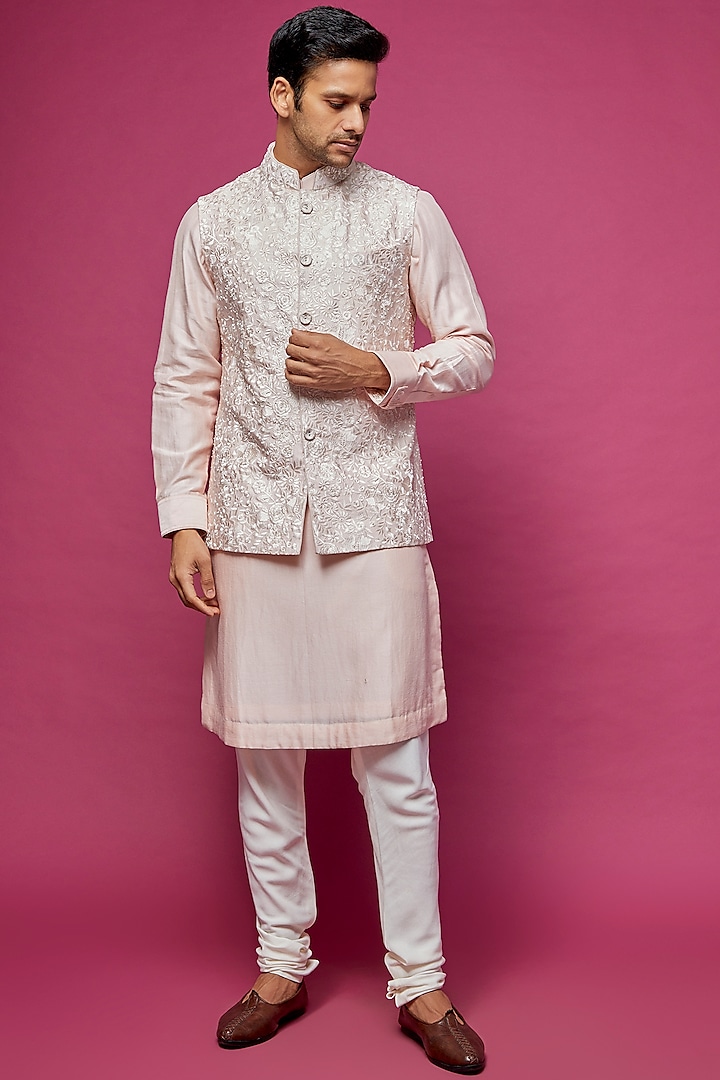 Pink Silk Embroidered Nehru Jacket With Kurta Set by ARJAN DUGAL