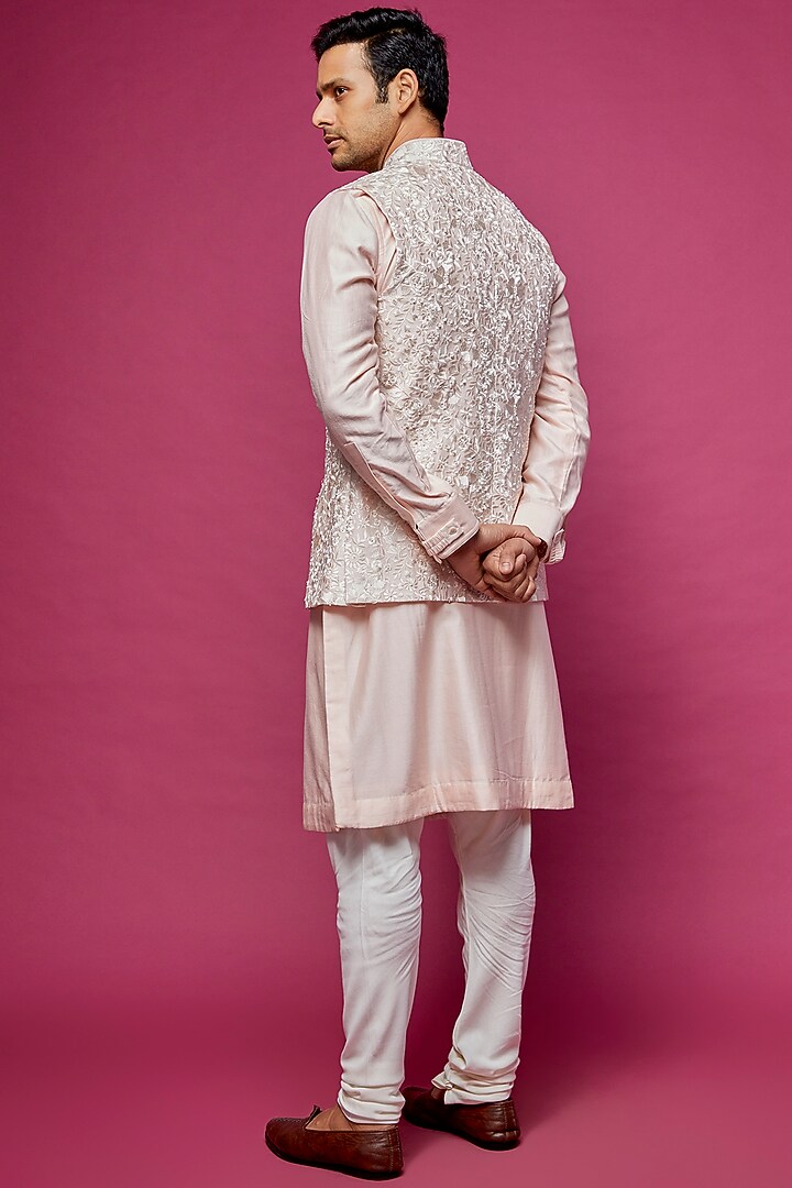 Pink Silk Embroidered Nehru Jacket Set by ARJAN DUGAL at Pernia's Pop Up Shop