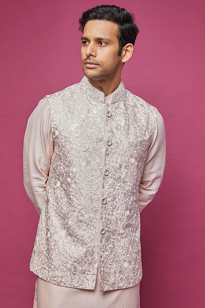 Pink Silk Embroidered Nehru Jacket Set by ARJAN DUGAL at Pernia's Pop Up Shop