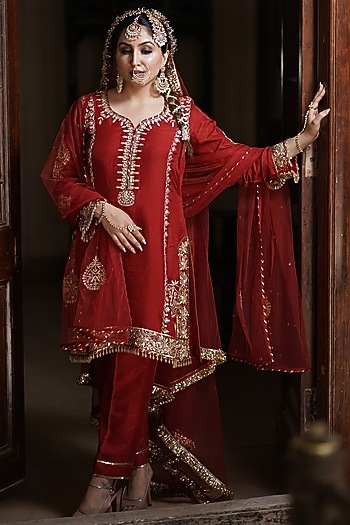 Crimson Red Matka Silk Zardosi Embroidered Kurta Set by Arsh & Jas Designs at Pernia's Pop Up Shop