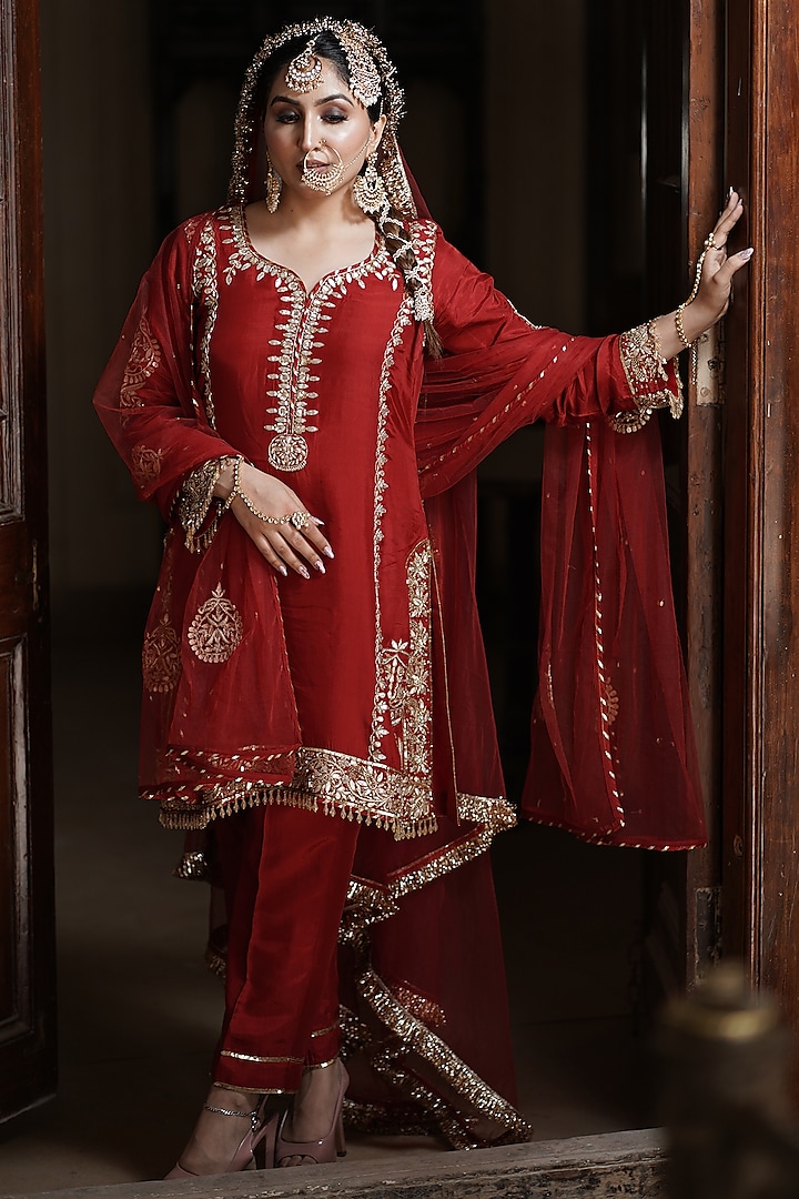 Crimson Red Matka Silk Zardosi Embroidered Kurta Set by Arsh & Jas Designs at Pernia's Pop Up Shop