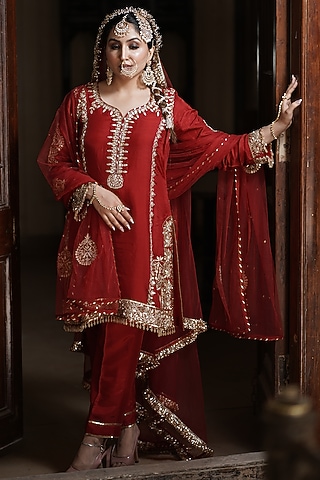 Crimson Red Matka Silk Zardosi Embroidered Kurta Set by Arsh & Jas Designs
