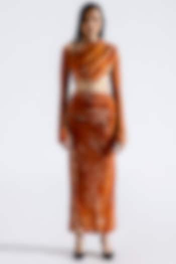 Caramel Silk Velvet Ruched Maxi Skirt Set by Aroka at Pernia's Pop Up Shop