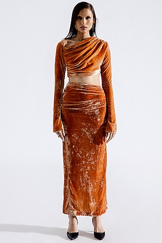 Caramel Silk Velvet Ruched Maxi Skirt Set by Aroka