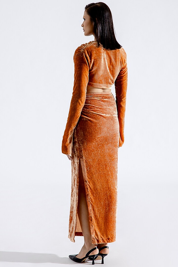 Caramel Silk Velvet Ruched Maxi Skirt Set by Aroka at Pernia's Pop Up Shop