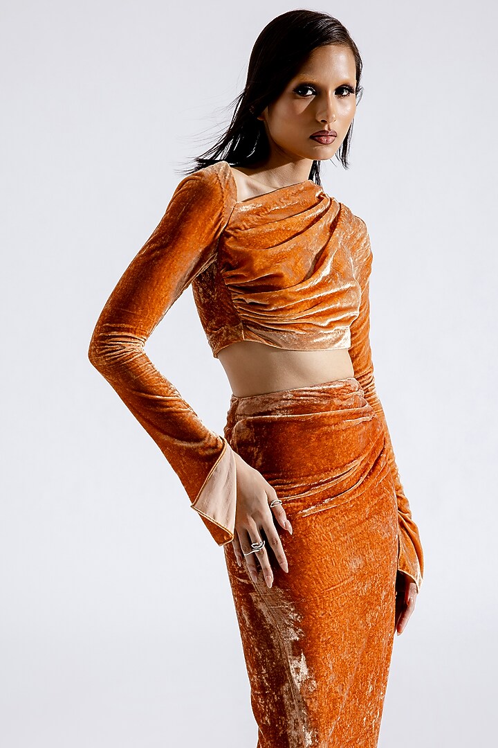Caramel Silk Velvet Ruched Maxi Skirt Set by Aroka at Pernia's Pop Up Shop