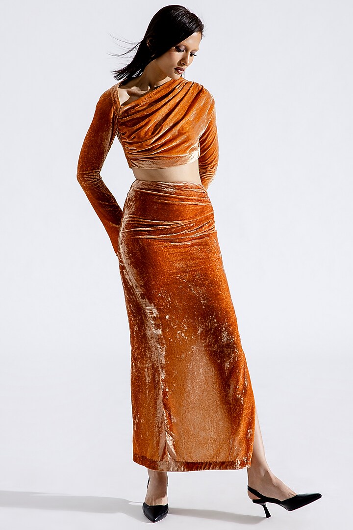 Caramel Silk Velvet Ruched Maxi Skirt Set by Aroka at Pernia's Pop Up Shop