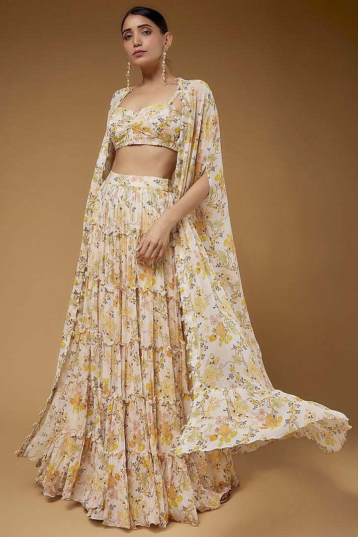 White & Yellow Georgette Floral Printed Skirt Set by Arpita Mehta at Pernia's Pop Up Shop