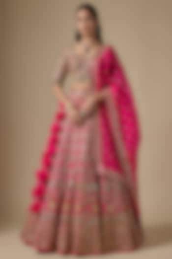 Hot Pink Net Floral & Thread Embroidered Bridal Lehenga Set by Arpita Mehta at Pernia's Pop Up Shop