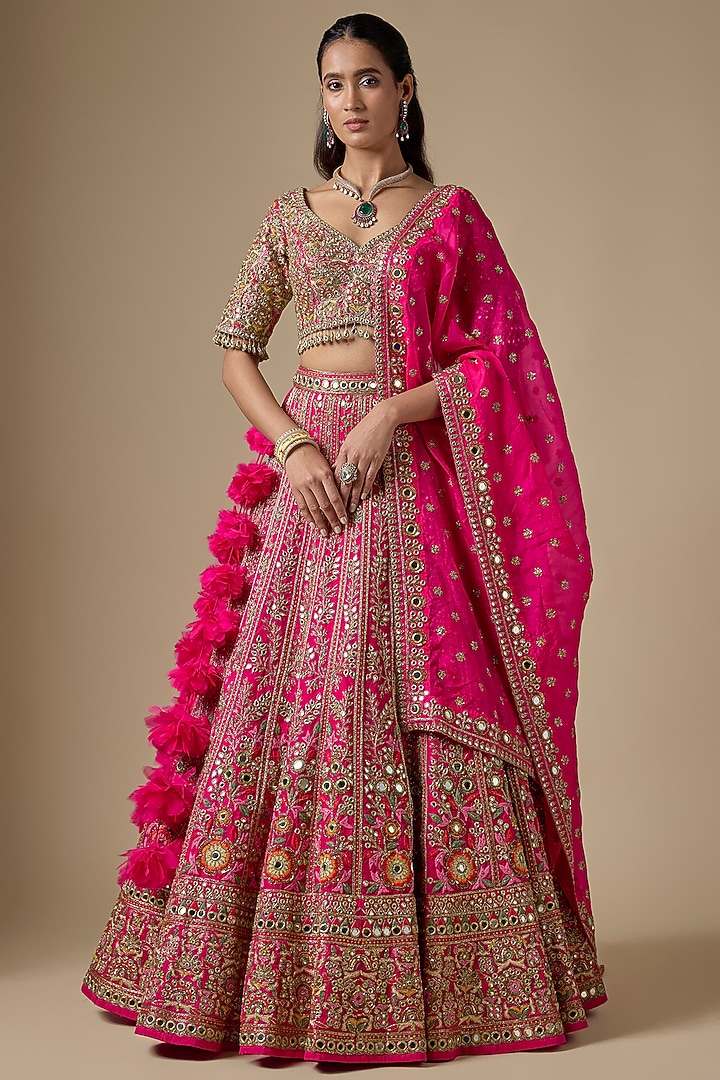 Hot Pink Net Floral & Thread Embroidered Bridal Lehenga Set by Arpita Mehta at Pernia's Pop Up Shop