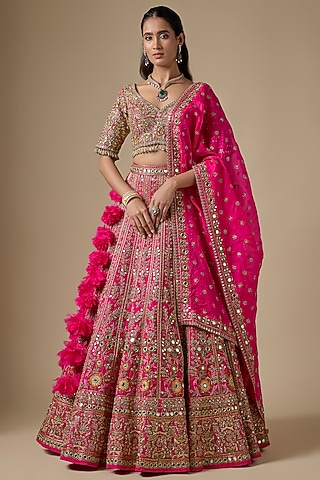 Hot Pink Net Floral & Thread Embroidered Lehenga Set by Arpita Mehta