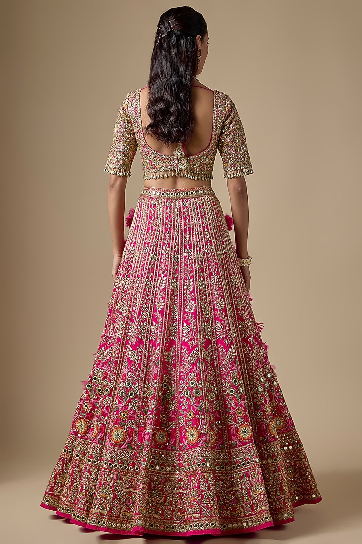 Hot Pink Net Floral & Thread Embroidered Bridal Lehenga Set by Arpita Mehta at Pernia's Pop Up Shop