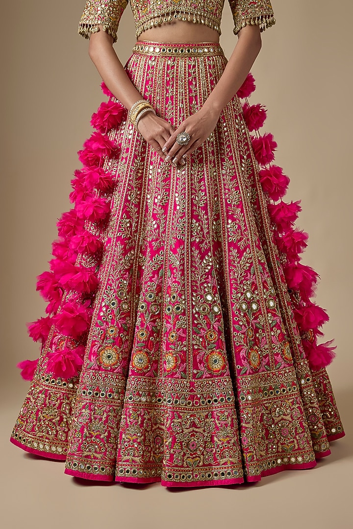 Hot Pink Net Floral & Thread Embroidered Bridal Lehenga Set by Arpita Mehta at Pernia's Pop Up Shop