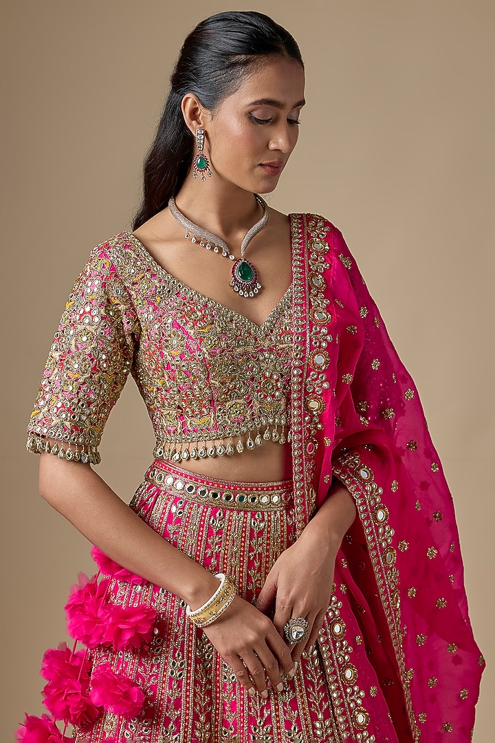 Hot Pink Net Floral & Thread Embroidered Bridal Lehenga Set by Arpita Mehta at Pernia's Pop Up Shop