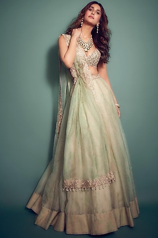 Sand & Mint Green Hand Embroidered Lehenga Set by Arpita Mehta
