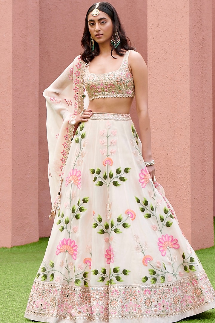 Coconut White Floral Hand Embroidered Lehenga Set by Arpita Mehta