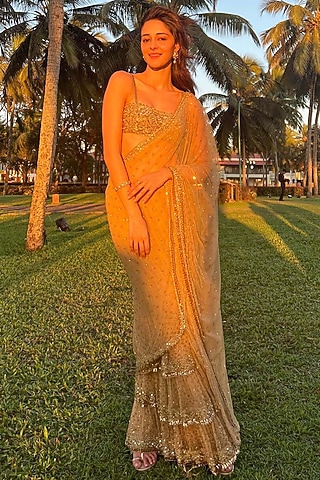 Nude Net Hand Embroidered Saree Set by Arpita Mehta
