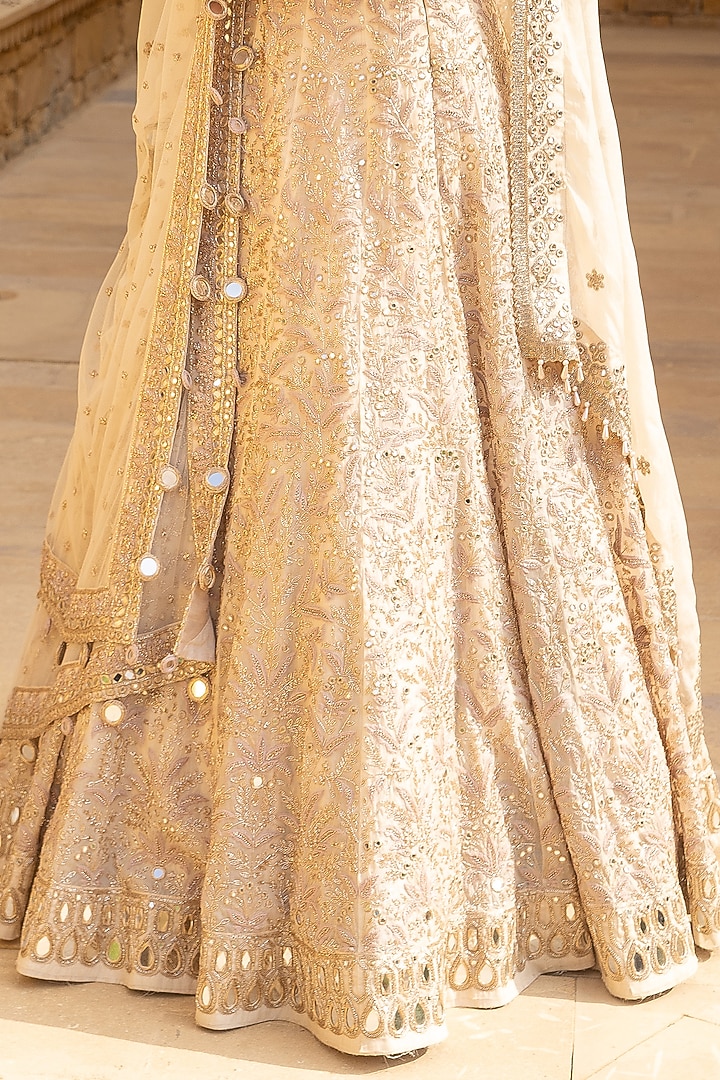 Coconut & Gold Net Hand Embroidered Bridal Lehenga Set by Arpita Mehta at Pernia's Pop Up Shop