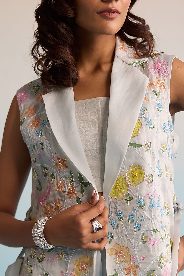 Ice Blue Organza Cutdana Embroidered Jacket Set by House of Armuse at Pernia's Pop Up Shop