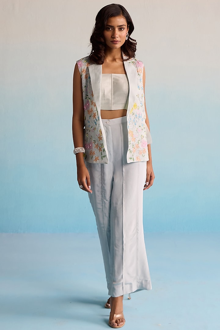 Ice Blue Organza Cutdana Embroidered Jacket Set by House of Armuse at Pernia's Pop Up Shop