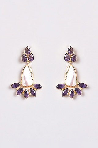 Gold Finish Amethyst Dangler Earrings by ARNIMAA