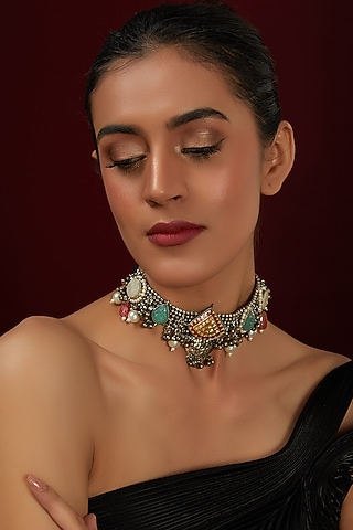 Oxidised Finish Agate & Onyx Choker Necklace by ARNIMAA