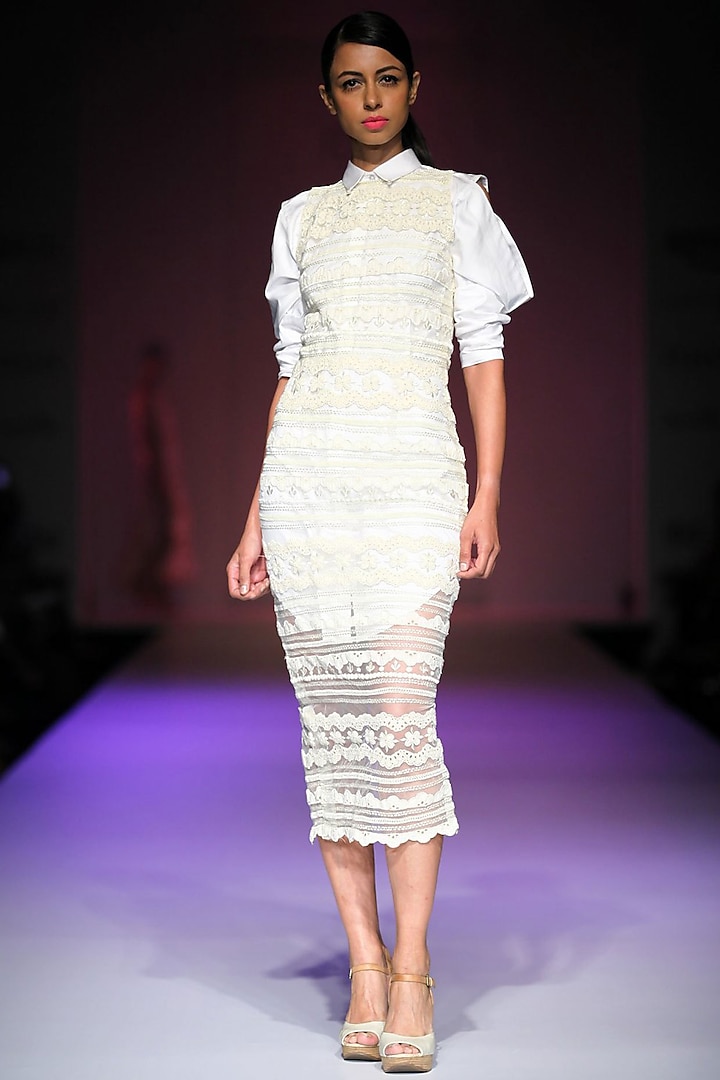 Off-white lace embroidered net dress with white cut out shirt dress by Archana Rao