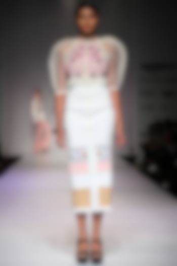 Off white floral applique structured sleeves crop top available only at Pernia's Pop Up Shop.