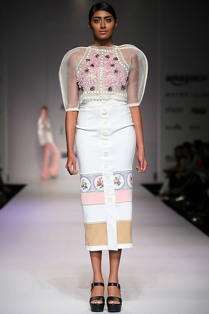 Off white floral applique structured sleeves crop top by Archana Rao