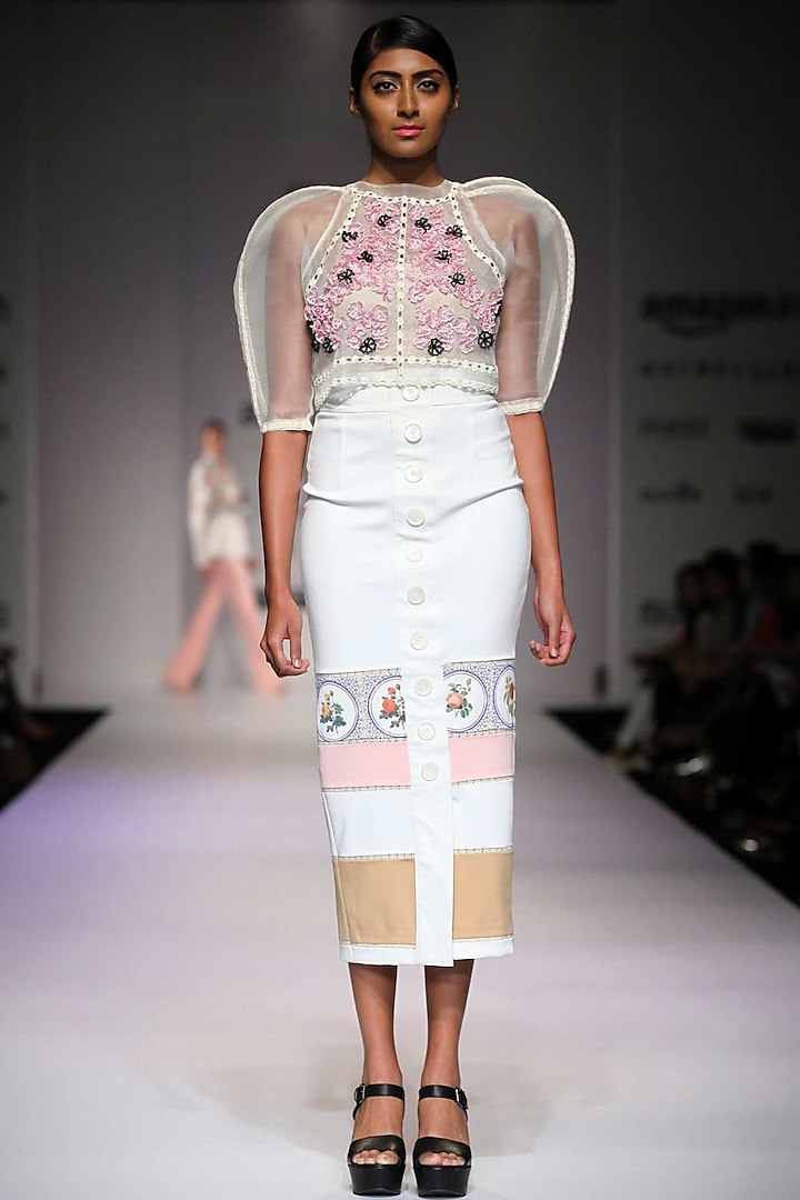 Color blocked oversized buttons placket skirt by Archana Rao