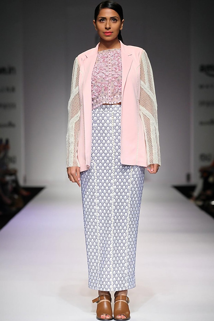 Pink pearl emboridery lace detail blazer by Archana Rao