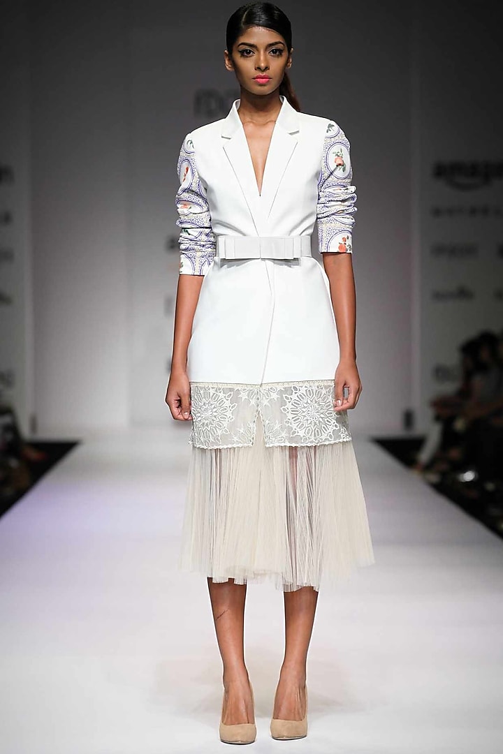 Off white printed pleated tulle skirt  by Archana Rao