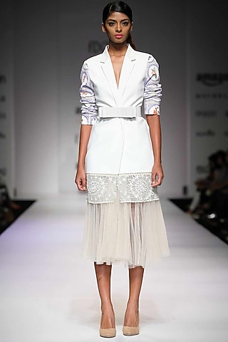 Off white printed pleated tulle skirt  by Archana Rao